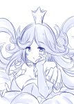  1girl belladonna_(granblue_fantasy) blue blush breasts crown elbow_gloves eyebrows_visible_through_hair fingerless_gloves floating_hair gloves granblue_fantasy half-closed_eyes hand_on_own_cheek hand_up highres large_breasts leaf long_hair mini_crown monochrome nono_(totokin) parted_lips plant sketch solo 