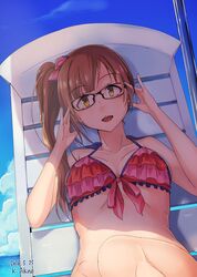  1girl akino_komichi artist_name bikini bow brown_eyes brown_hair glasses hair_bow highres idolmaster idolmaster_cinderella_girls igarashi_kyouko long_hair looking_at_viewer open_mouth short_hair side_ponytail smile solo swimsuit 