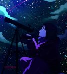  1girl artist_name black_hair blue_eyes blue_scarf clouds coat from_side looking_up night night_sky numyumy original profile scarf sitting sky solo star_(sky) starry_sky telescope watermark web_address winter_clothes winter_coat 