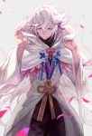 1boy fate/grand_order fate/stay_night fate_(series) highres hood lack long_hair looking_at_viewer male_focus merlin_(fate/stay_night) purple_hair robe short_hair simple_background smile solo violet_eyes white_background white_hair 