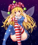  1girl :d absurdres akakabu_(obsidian910) alternate_legwear american_flag_dress american_flag_legwear bangs blonde_hair blush breasts clownpiece convenient_leg double_v dress fairy_wings hat highres jester_cap long_hair looking_at_viewer medium_breasts neck_ruff open_mouth polka_dot red_eyes short_dress short_sleeves smile solo star star_print striped striped_legwear thigh-highs touhou v wings 