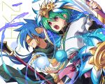  2boys armor blue_hair brothers green_hair grin headdress highres japanese_clothes kozakura_(dictionary) magatama male_focus mask multiple_boys obi open_mouth polearm puzzle_&amp;_dragons red_eyes sash scarf siblings smile spear sword umisachi_&amp;_yamasachi_(p&amp;d) water weapon 