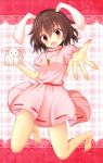  1girl absurdres akakabu_(obsidian910) animal animal_ears black_hair blush carrot carrot_necklace dress highres holding holding_animal inaba_tewi looking_at_viewer open_mouth pink_dress rabbit rabbit_ears red_eyes short_hair short_sleeves smile solo touhou 