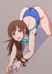  1girl all_fours ass blue_swimsuit brown_eyes brown_hair competition_swimsuit idolmaster idolmaster_cinderella_girls idolmaster_cinderella_girls_starlight_stage long_hair looking_at_viewer nitta_minami one-piece_swimsuit open_mouth rikku04 solo swimsuit 