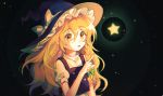 1girl :o black_background black_hat black_vest blonde_hair blouse bow braid eyebrows_visible_through_hair glowing green_bow hair_between_eyes hair_bow hat hat_bow kirisame_marisa long_hair mimureem open_mouth pointing puffy_short_sleeves puffy_sleeves short_sleeves side_braid simple_background single_braid sleeve_cuffs solo star touhou upper_body very_long_hair vest white_blouse white_bow witch_hat yellow_eyes 