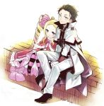  1boy 1girl beatrice_(re:zero) blonde_hair blue_eyes blush brown_eyes cape capelet crown dress drill_hair fur_trim gaa_(butsugen) gloves hair_ribbon leaning_on_person long_hair looking_at_viewer mini_crown natsuki_subaru pantyhose re:zero_kara_hajimeru_isekai_seikatsu ribbon shoes short_hair sitting smile striped striped_legwear symbol-shaped_pupils twin_drills twintails uniform 