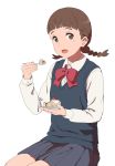  1girl absurdres bangs blouse blue_skirt blunt_bangs braid brown_eyes brown_hair cake collared_blouse eating food fork fruit highres holding holding_fork holding_plate kimi_no_na_wa legs_together long_sleeves looking_at_viewer mole mole_under_eye natori_sayaka open_mouth plate pleated_skirt school_uniform simple_background sitting skirt smile solo strawberry sweater_vest twin_braids white_background white_blouse youmak 