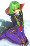  &gt;:( 1girl bangs black_gloves c.c. closed_mouth code_geass cosplay creayus gloves green_hair long_hair long_sleeves looking_at_viewer seiza simple_background sitting solo v_arms yellow_eyes zero_(code_geass) zero_(code_geass)_(cosplay) 