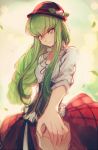  1girl braid breasts c.c. code_geass cosplay creayus green_hair holo holo_(cosplay) long_hair looking_at_viewer smile solo spice_and_wolf twitter_username yellow_eyes 
