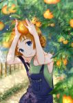  1girl bangs blue_bow blue_eyes bow braid casual closed_mouth day denim dirt_road food fruit girls_und_panzer grabbing green_shirt hair_bow head_tilt highres looking_at_viewer orange orange_hair orange_pekoe outdoors overalls shirt short_hair smile solo standing strap_slip tank_top tied_hair tree twin_braids upper_body yaoyasan 