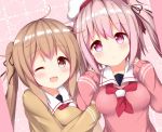  2girls aki_o_koromo beret blush brown_eyes commentary_request harusame_(kantai_collection) hat kantai_collection light_brown_hair long_hair long_sleeves multiple_girls murasame_(kantai_collection) neckerchief one_eye_closed open_mouth pink_eyes pink_hair red_neckerchief school_uniform serafuku side_ponytail smile twintails 