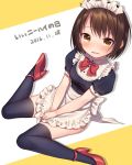  2016 apron bangs between_legs black_legwear blush bow bow_behind_back bowtie breasts brown_hair commentary_request dated eyebrows_visible_through_hair hand_between_legs high_heels highres large_bow looking_at_viewer maid_apron maid_headdress medium_breasts open_mouth red_bow red_bowtie red_shoes shoes short_hair short_sleeves sitting thigh-highs translation_request v_arms warabimochi_kinako wariza wavy_mouth white_apron white_bow yellow_eyes 
