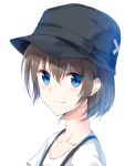  1girl blue_eyes blush brown_hair cabbie_hat close-up closed_mouth collarbone hat kooan looking_at_viewer original shirt short_hair simple_background smile solo suspenders upper_body v-neck white_background white_shirt 
