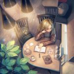  1girl backpack bag blonde_hair blue_eyes book cafe chair closed_mouth coat collarbone cup from_above indoors lamp leaf long_hair looking_to_the_side open_book open_clothes open_coat original saucer shirt sitting smile solo striped striped_shirt teacup window1228 