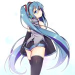  1girl blue_eyes blue_hair detached_sleeves from_behind hatsune_miku headphones hikataso long_hair looking_at_viewer looking_back short_shorts shorts solo thigh-highs twintails very_long_hair vocaloid white_background 