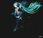  1girl absurdly_long_hair aqua_hair aqua_necktie arm_up black_background black_boots black_legwear black_skirt blue_eyes boots detached_sleeves floating_hair full_body grey_shirt hair_between_eyes hair_ornament hatsune_miku headphones highres ixima long_hair necktie number one_leg_raised pleated_skirt shirt simple_background skirt sleeveless sleeveless_shirt smile solo standing thigh-highs thigh_boots twintails very_long_hair vocaloid zettai_ryouiki 