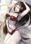  1girl adjusting_hair black_hair breasts center_part clouds dutch_angle gem halterneck hikarusorano large_breasts lips long_hair looking_at_viewer pale_skin pink_lips smile solo swimsuit thighs thunderbolt_fantasy twitter_username very_long_hair water xing_hai 