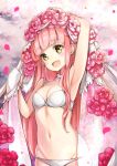  1girl :d arm_up armpits bangs blush bra breasts bridal_veil cleavage eyebrows_visible_through_hair fate/grand_order fate_(series) hand_up highres hilo_(joy_hero) hips long_hair looking_at_viewer medb_(fate/grand_order) navel open_mouth panties petals pink_flower pink_hair sidelocks small_breasts smile solo underwear upper_body veil very_long_hair white_bra white_panties yellow_eyes 