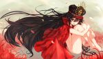  1girl :d ass black_hair blush breasts cape demon_archer fate/grand_order fate_(series) flower hat koha-ace long_hair looking_at_viewer naked_cape open_mouth red_eyes shionji_ax sitting small_breasts smile solo very_long_hair 