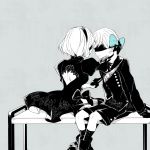  1boy 1girl blindfold blue_bow boots bow breasts facing_another feather-trimmed_sleeves gloves grey_background hair_bow hami_(lvct) juliet_sleeves knees long_sleeves looking_at_another monochrome nier_(series) nier_automata puffy_sleeves short_hair shorts sitting white_hair yorha_no._2_type_b yorha_no._9_type_s 