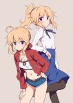  2girls ahoge alternate_hairstyle blonde_hair blue_eyes blush breasts cleavage fate/stay_night fate_(series) frown hand_on_hip hand_on_own_thigh leaning_forward midriff multiple_girls odawara_hakone pantyhose ponytail pout saber saber_of_red smile standing standing_on_one_leg 