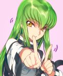  1girl bangs c.c. code_geass creayus foreshortening green_hair index_finger_raised koi_dance long_hair long_sleeves looking_at_viewer simple_background solo straitjacket triangle_mouth upper_body wide_sleeves yellow_eyes 