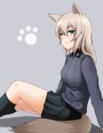  1girl animal_ears black_legwear black_skirt blue_eyes dress_shirt from_side frown girls_und_panzer grey_background grey_shirt itsumi_erika kemonomimi_mode kneehighs kuromorimine_military_uniform long_hair long_sleeves looking_at_viewer miniskirt paw_print pleated_skirt school_uniform shirt silver_hair simple_background sitting skirt solo tail wolf_ears wolf_tail yakuto007 