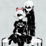  1boy 1girl blindfold boots bow breasts cleavage cleavage_cutout dress feather-trimmed_sleeves gloves grey_background hair_bow hami_(lvct) juliet_sleeves long_sleeves mole mole_under_mouth monochrome nier_(series) nier_automata pink_bow puffy_sleeves short_hair shorts sitting white_hair yorha_no._2_type_b yorha_no._9_type_s 