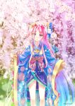  1girl blue_ribbon cherry_blossoms eyebrows_visible_through_hair flower hair_flower hair_ornament hair_ribbon head_tilt highres japanese_clothes long_hair oshiro_project outdoors parted_lips pink_eyes pink_hair ribbon sato-pon solo standing tree very_long_hair yellow_flower 
