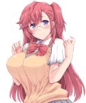  1girl ano_natsu_de_matteru beckoning blush bow bowtie breasts closed_mouth glasses hasu_(hk_works) large_breasts long_hair looking_at_viewer red_bow red_bowtie redhead rimless_glasses school_uniform short_sleeves smile solo sweater_vest takatsuki_ichika upper_body violet_eyes 