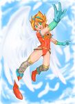  1girl angel_wings armor blonde_hair boots breasts breath_of_fire breath_of_fire_i covered_navel gloves green_eyes hairband leotard nina_(breath_of_fire_i) onnaski short_hair solo thigh-highs white_wings wings 