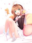  1girl antenna_hair brown_hair card_captor_sakura cherry_blossoms full_body green_eyes hat hoshi_no_tsue kero kinomoto_sakura long_sleeves looking_at_viewer nanashino_kanon petals school_uniform serafuku short_hair skirt smile socks solo white_hat white_legwear white_skirt 