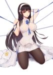  1girl arm_up bangs between_breasts black_hair black_legwear blue_ribbon blunt_bangs breasts brown_eyes eyebrows_visible_through_hair full_body girls_frontline hairband hand_up highres jacket jacket_removed kneeling large_breasts liu_lan long_hair looking_at_viewer pantyhose parted_lips pleated_skirt qbz-95_(girls_frontline) ribbon simple_background skirt solo very_long_hair vest white_background white_skirt white_vest 