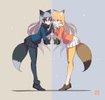  2girls absurdres animal_ears black_bow black_gloves black_skirt blonde_hair blush bow bowtie ezo_red_fox_(kemono_friends) fami_(yellow_skies) fox_ears fox_shadow_puppet fox_tail gloves hair_between_eyes highres jacket japari_symbol kemono_friends long_hair long_sleeves looking_at_viewer multicolored_hair multiple_girls pantyhose pleated_skirt silver_fox_(kemono_friends) skirt symmetrical_pose tail two-tone_background 