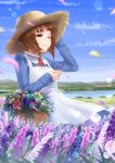  1girl anne_of_green_gables anne_shirley anne_shirley_(cosplay) bangs basket blue_dress brown_eyes brown_hair carrying clouds cloudy_sky cosplay day dress field flower flower_field girls_und_panzer hand_on_own_head hat highres lens_flare long_sleeves meadow neck_ribbon nishizumi_miho one_eye_closed outdoors petals red_ribbon ribbon river short_hair sky solo standing straw_hat sun_hat white_apron wince wind yaoyasan 