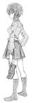  bbb_(friskuser) breasts from_side girls_und_panzer greyscale hand_on_hip holding holding_shoes kuromorimine_school_uniform large_breasts long_sleeves monochrome nishizumi_maho pleated_skirt school_uniform shoes shoes_removed skirt socks solo standing white_background 