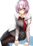  1girl body_mahattaya_ginga breast_squeeze breasts fate/grand_order fate_(series) hair_over_one_eye hood hoodie large_breasts lavender_hair necktie pantyhose red-framed_eyewear shielder_(fate/grand_order) simple_background skirt smile solo violet_eyes white_background 
