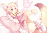  1girl animal_ears blonde_hair blush bow breasts brown_eyes eyebrows_visible_through_hair fennec_(kemono_friends) fennec_ears fennec_tail gloves highres kanzakietc kemono_friends looking_at_viewer lying medium_breasts on_back pillow pink_shirt shirt shoes short_hair simple_background solo tail thigh-highs yellow_bow 