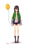  1girl arms_at_sides bangs black_hair black_shorts boots brown_eyes brown_hair closed_mouth expressionless full_body hair_between_eyes highres holding_balloon hood hoodie knee_boots long_hair looking_at_viewer open_clothes open_hoodie original pip_(red_juice1869) shirt short_shorts shorts simple_background skinny solo standing very_long_hair wavy_hair white_background white_shirt 
