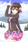  1girl belt black_hair bluekalmia blush braid crown_braid french_braid highres kono_subarashii_sekai_ni_shukufuku_wo! layered_skirt long_hair looking_at_viewer miniskirt mountain open_mouth outdoors pose red_eyes short_hair skirt sky snow solo yunyun_(konosuba) 