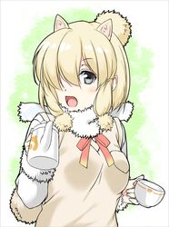  1girl :d alpaca_ears alpaca_suri animal_ears bangs beige_vest blonde_hair blue_eyes blush border breast_pocket breasts cup eyebrows_visible_through_hair fingernails fur-trimmed_sleeves fur_trim gradient_ribbon green_background grey_border hair_bun hair_over_one_eye hair_ribbon hands_up highres holding holding_cup japari_symbol kemono_friends large_breasts long_sleeves looking_at_viewer multicolored multicolored_background multicolored_ribbon nayuta69 neck_ribbon open_mouth pocket red_ribbon ribbon shirt short_hair sidelocks simple_background smile solo swept_bangs tareme teacup teapot tress_ribbon two-tone_background upper_body vest white_background white_shirt yellow_ribbon 