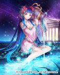  1girl bare_shoulders barefoot blue_eyes blue_hair breasts cleavage company_name flower full_body grass gyakushuu_no_fantasica hair_flower hair_ornament long_hair night night_sky official_art sitting sky solo star_(sky) temple water xxxpechkaxxx 