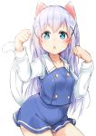 1girl absurdres animal_ears blue_eyes blue_shirt blue_skirt cat_ears cat_tail collarbone covered_navel eyebrows_visible_through_hair gochuumon_wa_usagi_desu_ka? highres kafuu_chino long_hair looking_at_viewer nosetissue open_mouth paw_pose shirt silver_hair simple_background skirt solo sweatdrop tail white_background 