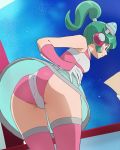  1girl ass blue_eyes blush_stickers boots calen_(time_bokan) cowboy_shot from_below gloves green_hair hand_on_hip haruyama_kazunori headset leotard paper pink_gloves pink_legwear ponytail see-through sidelocks skirt solo space thigh-highs thigh_boots time_bokan_(series) time_bokan_24 white_gloves 