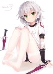  1girl :3 artist_name assassin_of_black bandaged_arm bangs black_gloves blush buruma cat closed_mouth crossed_bangs dagger dual_wielding eyebrows_visible_through_hair fate/apocrypha fate_(series) feet fingerless_gloves gloves green_eyes gym_uniform highres knees_up looking_at_viewer name_tag no_shoes pantyhose scar scar_across_eye scar_on_cheek short_hair short_sleeves signature silver_hair simple_background sin-poi sitting smile soles solo thighband_pantyhose thighs toes underwear weapon white_background white_legwear |_| 