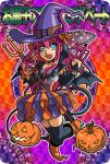  1girl asymmetrical_horns blue_eyes corset dragon_tail elizabeth_bathory_(halloween)_(fate) fate/extra fate/extra_ccc fate/grand_order fate_(series) halloween halloween_costume hat horns idol lancer_(fate/extra_ccc) long_hair looking_at_viewer open_mouth parody pink_hair plaid plaid_skirt pointy_ears pumpkin reki_00 shinrabanshou skirt smile solo style_parody tail thigh-highs witch_hat 