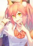  1girl :p animal_ears blush bow bowtie bracelet fate/extella fate/extra fate_(series) fox_ears hair_bow hand_in_hair heart jewelry looking_at_viewer pink_hair ring rope school_uniform shide shimenawa shirt short_sleeves solo tamamo_(fate)_(all) tamamo_jk_(fate) tongue tongue_out torinoko_tamago v white_shirt yellow_eyes 