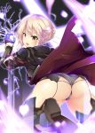  &gt;:o 1girl :o ass bent_over black_gloves black_legwear blonde_hair braid brown_eyes electricity fate/grand_order fate_(series) feiren from_behind gloves grey_panties hair_between_eyes heroine_x heroine_x_(alter) hood hoodie looking_at_viewer looking_back open_mouth panties saber short_hair shoulder_pads solo thigh-highs underwear wrist_guards 