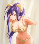  1girl adjusting_bra adjusting_clothes antenna_hair arms_behind_back beige_bra beige_panties blazblue blue_hair bow bra breasts cleavage closed_mouth collarbone cowboy_shot dressing frown genderswap genderswap_(mtf) hair_between_eyes hair_bow highres indoors large_breasts leaning_forward lingerie long_hair mai_natsume navel panties ponytail ribbon sendrawz sidelocks solo standing underwear underwear_only very_long_hair violet_eyes yellow_bow 