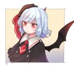  1girl alternate_costume bangs bat_wings blue_hair blush closed_mouth hat hat_ribbon highres looking_away mob_cap necktie red_eyes red_necktie red_ribbon remilia_scarlet ribbon short_hair solo tis_(shan0x0shan) touhou upper_body wings 